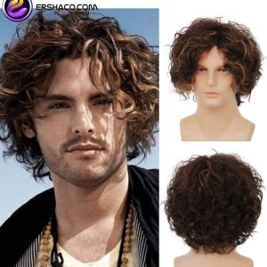 کلاه گیس (پوستیژ) مردانه کوتاه قهوه ای هایلایت حالت دار و موج دار Curly Brown Wig | کد: ZNB-WO2