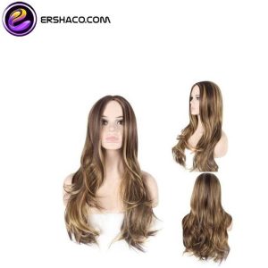 کلاه گیس زنانه بلند حالت دار موج دار قهوه ای هایلایت بلوند | کد: ZNB-X7K