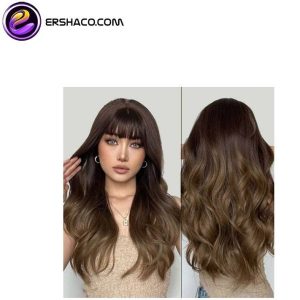 کلاه گیس (پوستیژ) زنانه بلند حالت دار جلو چتری قهوه ای هایلایت دار Highlights Brown Wigs | کد: ZNB-XGJ