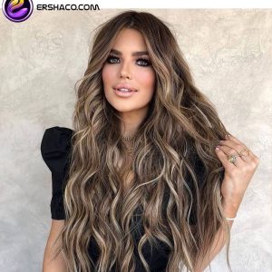 کلاه گیس زنانه بلند آمبره قهوه ای هایلایت دار موج دار | کد: ZNB-VQ5