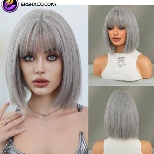 کلاه گیس (پوستیژ) زنانه مصری باب کوتاه جلو چتری دار خاکستری Bob Wig | کد: ZNB-XLG